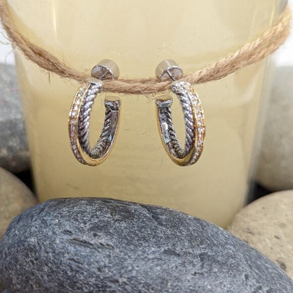 GOLD SILVER Two Tone Sparkle Twisted Rope Hoop Earrings - Picture 4 of 16